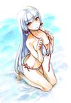  alternate_costume bangs barefoot bikini blunt_bangs blush breasts chikuwa_(tks) kantai_collection kneeling long_hair looking_at_viewer murakumo_(kantai_collection) red_eyes side-tie_bikini silver_hair small_breasts swimsuit 