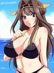  arm_behind_back bikini breasts brown_hair chestnut_mouth hairband kantai_collection kongou_(kantai_collection) large_breasts long_hair looking_at_viewer megane_man midriff navel ocean open_mouth purple_eyes solo swimsuit water 