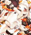  absurdres ahoge anklet bare_shoulders barefoot black_panties black_ribbon blush covered_mouth dress fire groin highres holding horns jewelry kantai_collection legband legs_up long_hair mittens navel northern_ocean_hime one_eye_closed orange_eyes pale_skin panties ribbon shikishi shinkaisei-kan side-tie_panties sleeveless sleeveless_dress solo underwear white_dress white_hair white_skin yukitsuki_kokoro 