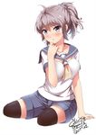  antenna_hair aoba_(kantai_collection) arm_support blue_eyes blush breasts collarbone cravat cropped_legs dated eyebrows_visible_through_hair glasses go-it grey_hair hand_on_own_chin kantai_collection large_breasts looking_at_viewer neckerchief ponytail school_uniform serafuku short_hair shorts signature simple_background sitting solo thighhighs white_background yellow_neckwear 