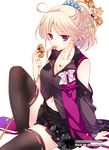  ankokuji_ekei_(sengoku_bushouki_muramasa) black_legwear blonde_hair bow breasts cleavage medium_breasts mizuno_(suisuiw) navel purple_eyes sengoku_bushouki_muramasa simple_background sitting skirt smile solo star thighhighs white_background 