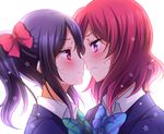  black_hair black_jacket blush bow bowtie eye_contact face-to-face hair_bow haruki_sato highres imminent_kiss jacket looking_at_another love_live! love_live!_school_idol_project multiple_girls nervous nishikino_maki otonokizaka_school_uniform purple_eyes red_hair school_uniform short_hair sidelocks simple_background star striped striped_bow striped_neckwear twintails white_background wing_collar yazawa_nico yuri 