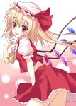  ascot blonde_hair blush flandre_scarlet hat long_hair looking_at_viewer open_mouth rasahan red_eyes side_ponytail smile solo touhou wings 