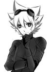  aki_(645451622) bodysuit goggles goggles_on_head greyscale hand_on_own_chin inazuma_eleven_(series) inazuma_eleven_go inazuma_eleven_go_chrono_stone looking_at_viewer male_focus monochrome saryuu_evan simple_background solo white_background 