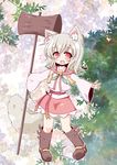  :d animal_ears bell boots borrowed_character detached_sleeves fox_ears fox_tail grimorigin hammer ishigami_akari musical_note neko_yume open_mouth original red_eyes silver_hair skirt smile tail wide_sleeves wood 
