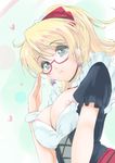 areola_slip areolae ayase_eli bespectacled blonde_hair blue_eyes breasts covered_nipples earrings frapowa glasses heart jewelry large_breasts love_live! love_live!_school_idol_project maid mogyutto_&quot;love&quot;_de_sekkin_chuu! ponytail red-framed_eyewear semi-rimless_eyewear solo under-rim_eyewear upper_body 