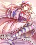  bad_id bad_pixiv_id breasts coat crescent dress hair_ribbon hat highres hizagawa_rau large_breasts long_hair lying on_side open_clothes open_coat patchouli_knowledge pink_eyes pink_hair ribbon sketch solo striped striped_dress striped_legwear thighhighs touhou tress_ribbon very_long_hair 