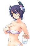  bandeau bare_shoulders between_breasts bikini breasts cleavage cowboy_shot cup eyepatch grin headgear ice ice_cube kantai_collection large_breasts looking_at_viewer navel purple_hair short_hair smile solo sweat swimsuit tenryuu_(kantai_collection) wet yellow_eyes yuuji_(and) 