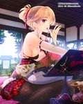  ankokuji_ekei_(sengoku_bushouki_muramasa) blonde_hair breasts company_name copyright_name heart large_breasts mizuno_(suisuiw) open_mouth pantyhose purple_eyes sengoku_bushouki_muramasa short_hair sideboob sitting skirt solo watermark 