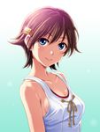  adapted_costume blue_eyes collarbone gradient gradient_background hair_ornament hairclip hiei_(kantai_collection) kantai_collection looking_at_viewer shian_(my_lonly_life.) short_hair smile solo swimsuit upper_body 