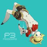  aegis_(persona) android armband blonde_hair blue_background blue_eyes bow copyright_name full_body hairband highres looking_at_viewer persona persona_3 short_hair simple_background smoke solo tsukineko_(chatnoir65) 