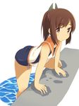  ass blush_stickers brown_eyes brown_hair i-401_(kantai_collection) kantai_collection kugui_kiyunemu leaning_forward one-piece_swimsuit ponytail school_swimsuit short_hair short_ponytail solo swimsuit swimsuit_under_clothes wet wet_clothes 