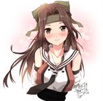  breasts brown_eyes brown_hair dated double-breasted gloves go-it jintsuu_(kantai_collection) kantai_collection long_hair looking_at_viewer medium_breasts remodel_(kantai_collection) signature smile solo upper_body white_background 