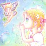  acrylic_paint_(medium) bangs blonde_hair blowing blue_eyes blunt_bangs bow braid bubble bubble_blowing butterfly_wings closed_eyes clover colorful fairy flower green_eyes hair_bow hair_flower hair_ornament holding leica long_hair multicolored multicolored_eyes multiple_girls nude original pastel_(medium) pink_bow pink_ribbon puffy_short_sleeves puffy_sleeves ribbon shirt short_sleeves smile sparkle symbol-shaped_pupils traditional_media twin_braids watercolor_pencil_(medium) white_shirt wings 