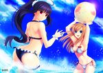  aoi_banri ass back ball beachball bikini blue_eyes blue_hair brown_hair cloud day long_hair looking_back multiple_girls navel original outdoors ponytail red_eyes sky smile striped striped_bikini swimsuit water 