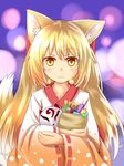  :3 animal_ears blonde_hair blurry bokeh depth_of_field fox_ears fox_mask fox_tail horokusa_(korai) japanese_clothes kimono long_hair mask original ribbon-trimmed_sleeves ribbon_trim tail yellow_eyes 