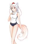  alternate_costume animal_ears bad_id bad_pixiv_id bare_shoulders breasts buruma guy963852 gym_uniform hand_on_own_chest hat inubashiri_momiji large_breasts red_eyes shirt short_hair silver_hair simple_background solo tail tokin_hat touhou white_background white_shirt wolf_ears wolf_tail 