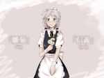  apron blue_dress blush braid collared_shirt daisy dress english flower grey_background grey_eyes holding holding_flower izayoi_sakuya maid maid_apron maid_headdress ribbon shirt short_sleeves silver_hair smile solo touhou twin_braids worthlessvalor wrist_cuffs 