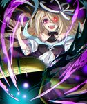  bare_shoulders blonde_hair chromatic_aberration crazy_eyes crazy_smile darkness detached_sleeves dress glowing glowing_eye hair_over_one_eye halterneck long_hair looking_at_viewer meer_rowe open_mouth pandora_(p&amp;d) puffy_short_sleeves puffy_sleeves purple_dress puzzle_&amp;_dragons red_eyes short_sleeves smile solo treasure_chest very_long_hair 