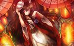  animal_ears breasts brown_hair cleavage fox_ears fox_mask holding japanese_clothes kimono lampion long_hair looking_at_viewer luzi mask oriental_umbrella original parted_lips red_eyes small_breasts smile solo umbrella watermark web_address yukata 