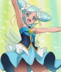  armpits blue_eyes blue_hair blue_skirt cure_wave double_bun flower hair_flower hair_ornament hair_ribbon happinesscharge_precure! haruyama_kazunori looking_at_viewer magical_girl open_mouth orina_(happinesscharge_precure!) outstretched_arms precure ribbon short_hair skirt solo 