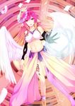  1girl angel_wings blonde_hair blush breasts feathered_wings gloves gradient_hair halo jibril_(no_game_no_life) long_hair looking_at_viewer low_wings magic_circle medium_breasts midriff multicolored_hair navel no_game_no_life pink_hair shoes single_shoe solo thighhighs wanruo_jifeng white_wings wings yellow_eyes 