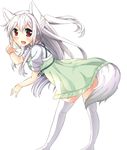  animal_ears bent_over dress fang fox_ears fox_tail green_dress highres long_hair open_mouth original oruto_(ort+) puffy_short_sleeves puffy_sleeves red_eyes shirt short_sleeves silver_hair smile solo tail thighhighs very_long_hair white_legwear zettai_ryouiki 