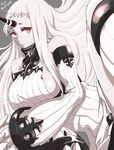  bare_shoulders breasts claws dated detached_sleeves dress highres horn infinote kantai_collection large_breasts long_hair looking_at_viewer pale_skin red_eyes ribbed_dress seaport_hime shinkaisei-kan short_dress sideboob solo twitter_username very_long_hair white_hair 