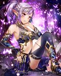  breasts cleavage elbow_pads hair_ornament large_breasts navel official_art original parted_lips pointy_ears ponytail purple_hair red_eyes seikon_no_arcana sitting solo yuzuki_kihiro 