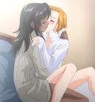  black_hair blonde_hair blush dark_skin dress_shirt eyes_closed hair_ornament hairclip kiss long_hair masturbation matsuri_woamarra multiple_girls shirt short_hair shoujo_sect suwabe_kirin yuri 