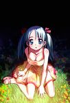  arm_support bail bare_shoulders blue_eyes blue_hair bow breasts casual cleavage dress grass hair_bow hair_ornament hair_ribbon looking_at_viewer medium_breasts original parted_lips ribbon sandals sitting solo twintails 