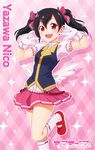  :d \m/ anime_coloring black_hair bow character_name copyright_name double_\m/ frilled_legwear gloves hair_bow hair_ribbon highres kneehighs looking_at_viewer love_live! love_live!_school_idol_project low_wings mary_janes nicca_(kid_nicca) open_mouth pleated_skirt red_eyes ribbon shoes skirt smile solo standing standing_on_one_leg twintails white_gloves white_legwear wings yazawa_nico 