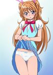  aria_gakuen_school_uniform blue_eyes blush bow embarrassed hair_ribbon houjou_hibiki long_hair manji_(tenketsu) orange_hair panties pink_bow precure puffy_sleeves ribbon school_uniform shiny shiny_hair skirt skirt_lift solo suite_precure two_side_up underwear white_panties 