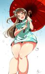  alp blush bow brown_eyes brown_hair china_dress chinese_clothes dress from_below hair_bow holding holding_umbrella knees_together long_hair love_live! love_live!_school_idol_project minami_kotori one_side_up open_mouth oriental_umbrella rain short_dress signature smile solo umbrella water_drop wide_hips 