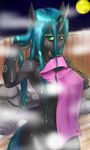  anthro black_fur black_skin blue_hair blush breasts changeling equine female friendship_is_magic fur green_eyes hair hooves horn horse kenoi looking_at_viewer mammal moon my_little_pony outside pony presenting queen_chrysalis_(mlp) solo standing steam towel wet wet_hair 