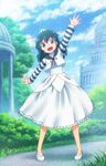  :d black_hair blue_eyes building cloud day dress full_body gazebo grass highres long_hair looking_at_viewer mary_janes nicca_(kid_nicca) no_socks open_mouth original outdoors outstretched_arms shoes sky smile solo spread_arms standing striped_sleeves tiara tree waving white_dress white_footwear 