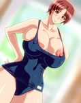  1girl 286c areola_slip areolae blush breasts bursting_breasts cameltoe collarbone curvy erect_nipples female huge_breasts navel nipple_slip nipples red_eyes red_hair short_hair smile solo standing sweat swimsuit thick_thighs thighs wide_hips 