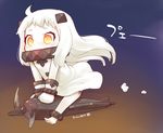  aircraft airplane black_panties chibi dress horns kantai_collection long_hair mittens nagian northern_ocean_hime pale_skin panties red_eyes shinkaisei-kan side-tie_panties solo underwear white_dress white_hair yellow_eyes 