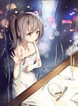  3: black_eyes black_hair cake casual commentary crying crying_with_eyes_open dress food glass hand_on_glass hand_on_own_stomach hungry original rain short_hair solo soulkiller strap_slip streaming_tears tears twintails wet window 