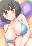  bad_id bad_pixiv_id bikini_top black_hair blush breasts celebi_ryousangata idolmaster idolmaster_cinderella_girls large_breasts looking_at_viewer pillow short_hair smile solo takafuji_kako translated yellow_eyes 