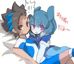  1boy 1girl aqua_hair bad_id bad_pixiv_id blue_hair blue_skin blush brown_eyes brown_hair earth_eleven hetero inazuma_eleven_(series) inazuma_eleven_go inazuma_eleven_go_galaxy long_hair looking_at_viewer matatagi_hayato multicolored_hair nankai open_mouth powai_pichori purple_eyes simple_background sketch soccer_uniform sportswear two-tone_hair white_background 