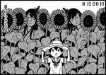  :o blush closed_eyes comic dated field flower flower_field fusou_(kantai_collection) greyscale hair_ornament hat kantai_collection long_hair looking_up monochrome multiple_girls neck_ribbon nontraditional_miko otoufu ribbon school_uniform serafuku short_hair smile straw_hat sunflower translated ushio_(kantai_collection) yamashiro_(kantai_collection) 