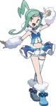  1girl blue_eyes blue_hair choker earrings idol jewelry lucia_(pokemon) midriff navel official_art pokemon pokemon_(game) pokemon_oras sugimori_ken v 