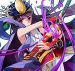  armpits bangs bare_shoulders blunt_bangs flat_chest flower hair_flower hair_ornament hakama haori headpiece holding holding_sword holding_weapon japanese_clothes katana long_hair magatama meer_rowe outline ponytail purple_hair puzzle_&amp;_dragons red_eyes sheath simple_background sleeveless solo sword very_long_hair weapon white_background yomi_(p&amp;d) 