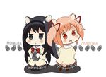  :&lt; :d akemi_homura animal_ears black_hair black_legwear bow character_name chibi from_behind hair_ribbon hairband hamster_ears kaname_madoka kemonomimi_mode long_hair looking_at_viewer looking_back mahou_shoujo_madoka_magica multiple_girls nut_(food) open_mouth pink_eyes pink_hair purple_eyes ribbon school_uniform seiza short_hair short_twintails simple_background sitting skirt smile squirrel_tail tail twintails white_background yukiko_(charlo_tte) 