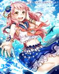  :d bracelet brown_eyes cloud cloudy_sky day dolphin hair_ornament horizon jewelry long_hair looking_at_viewer navel ocean official_art open_mouth original pink_hair reaching school_uniform seikon_no_arcana serafuku sky smile wind yuzuki_kihiro 