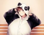  1girl animal_costume bangs brown_eyes brown_hair cosplay grin highres hood hood_up inami_anju kigurumi kougi_hiroshi long_sleeves looking_at_viewer medium_hair panda_costume panda_hood paw_pose photo-referenced real_life seiyuu sleeves_past_wrists smile solo upper_body 