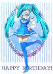  :d amaya_shizuku_(azarashi) blue_dress blue_eyes blue_hair blush boots borrowed_character cure_rainy_(azarashi) detached_sleeves dress earrings hair_over_one_eye happy_birthday jewelry kagami_chihiro long_hair magical_girl open_mouth original precure see-through smile solo standing standing_on_one_leg thigh_boots thighhighs twintails very_long_hair 