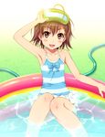  ahoge arm_up armpits blush_stickers brown_hair goggles goggles_on_head hose knees_together_feet_apart last_order one-piece_swimsuit open_mouth partially_submerged shian_(my_lonly_life.) short_hair solo striped striped_swimsuit swimsuit to_aru_majutsu_no_index wading_pool water 