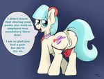  abstract_background anus back_turned blue_eyes blue_hair clitoris clothing coco_pommel_(mlp) cutie_mark equine female friendship_is_magic fur hair hi_res hooves horse looking_at_viewer looking_back mammal my_little_pony open_mouth panties panties_down pony presenting pussy raised_tail smile solo text thexiiilightning two_tone_hair underwear 